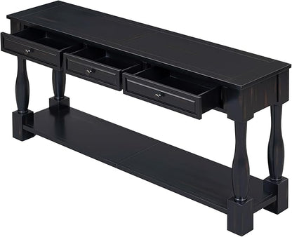 Knocbel Long Console Table with 3 Drawers & Bottom Open Shelf, Solid Wood Mediterranean Entry Sofa Table for Entryway Hallway Living Room, 63" W x 14.8" D x 30" H, Espresso