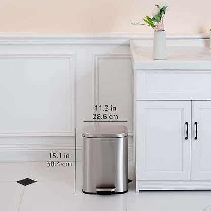 Amazon Basics Smudge Resistant Small Rectangular Step Pedal Trash Can with Soft-Close Lid, Removable Inner Bucket, Brushed Stainless Steel, 12 Liter/3.1 Gallon, Satin Nickel Finish