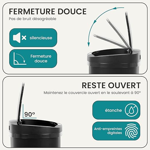 BestOffice | 13 Gallon Trash Can with Lid | Automatic Touchless Garbage Can | Odor Control | Modern Oval Design | Easy to Clean | Plastic | Black | Fits Any Kitchen, Bathroom, Office or Home