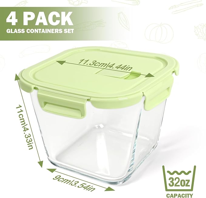 Glass Soup Containers with Lids - 4 Cup Borosilicate Glass Storage Containers, Freezer to Microwave Safe, Airtight Leak Proof, 32oz Square Soup Meal Prep Containers for Lunch Travel- 4 Pack