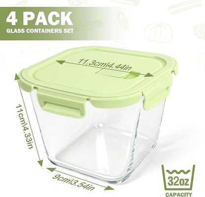 Glass Soup Containers with Lids - 4 Cup Borosilicate Glass Storage Containers, Freezer to Microwave Safe, Airtight Leak Proof, 32oz Square Soup Meal Prep Containers for Lunch Travel- 4 Pack