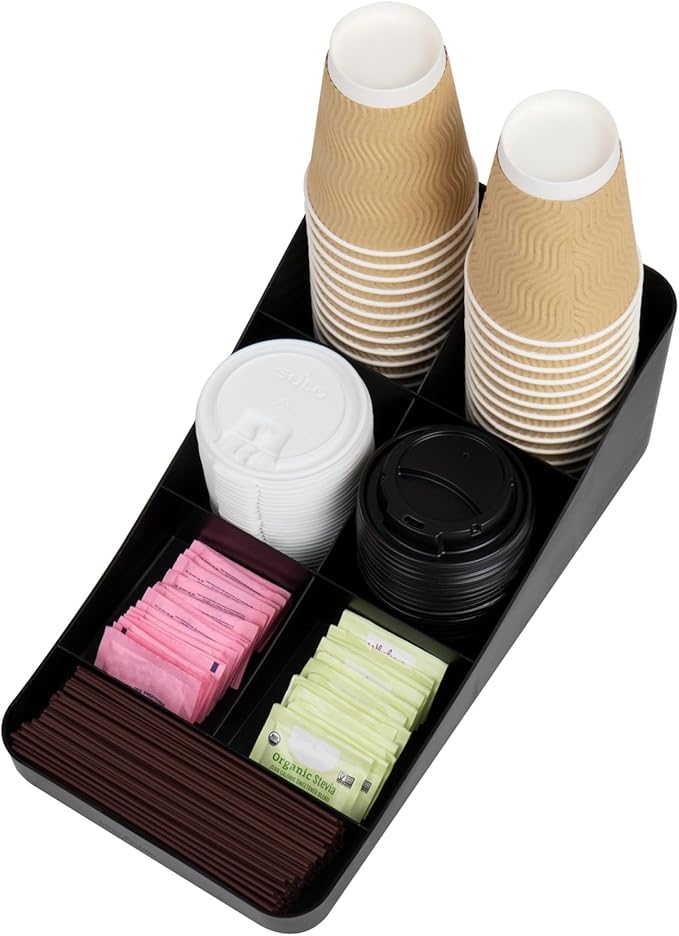 Mind Reader 7-Compartment Coffee Condiment Organizer, Cup and Lid Holder, Countertop Station for Coffee Bar, Breakroom, Kitchen, Set of 2, Black