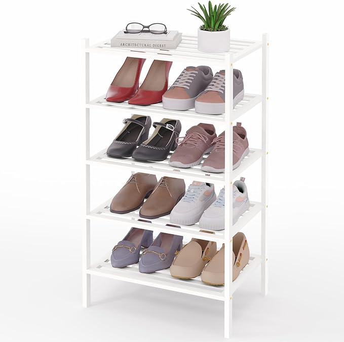 Smiry Small Bamboo Shoe Rack 5-Tier, Stackable Wooden Shoe Organizer for Entryway & Closet, Free Standing Wood Shoe Storage Shelf for Front Door & Small Spaces, White