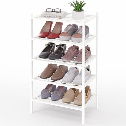 Smiry Small Bamboo Shoe Rack 5-Tier, Stackable Wooden Shoe Organizer for Entryway & Closet, Free Standing Wood Shoe Storage Shelf for Front Door & Small Spaces, White
