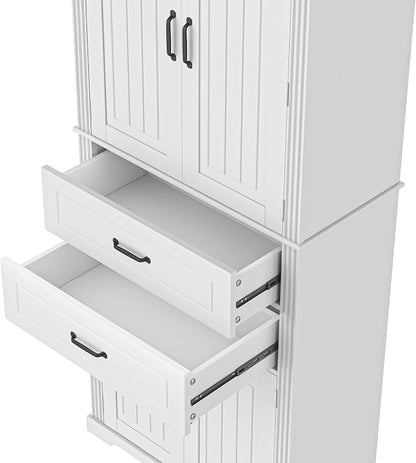 Storage Cabinet,Tall Freestanding Cabinet with Adjustable Shelf | Tall storage cabinet, 4-door design, 5+ shelves, upper door shelves, and 2 pull-out compartments for organized storage
