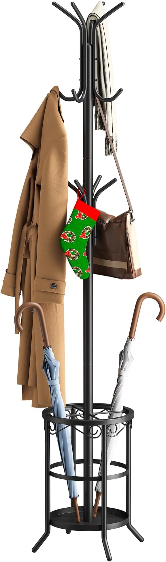FILWH Coat Rack Freestanding with Umbrella Stand Coat Rack Stand with 12 Hooks Metal Coat Tree Coat and Hat Hanger Jacket Entryway(Black)