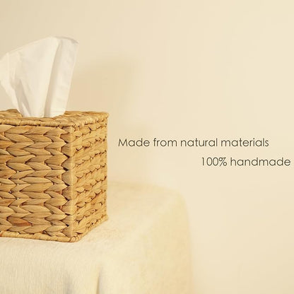 Set of 2 Water Hyacinth Handwoven Tissue Box Cover, Natural Handmade Wicker Napkin Box Holder, Handcrafted Square Facial Tissue, Rustic Decorative on Table and Bathroom, Office, Boho Decorative