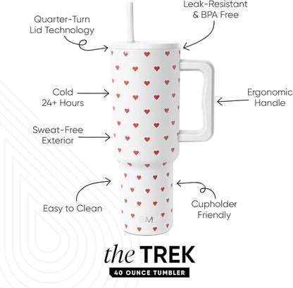 Simple Modern 40 oz Valentine's Day Trek Tumbler with Handle and Straw Lid | Cup Holder Friendly Insulated Stainless Steel Travel Mug | Crimson Hearts