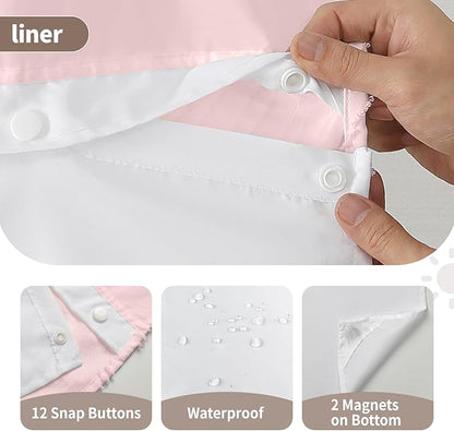 no Hook Shower Curtain and Liner Set，Boho Style with See Through Top Window, Pink Fabric Tufted Striped Textured Outer Curtain & Waterproof Inner Liner, Pink, 71Wx98H