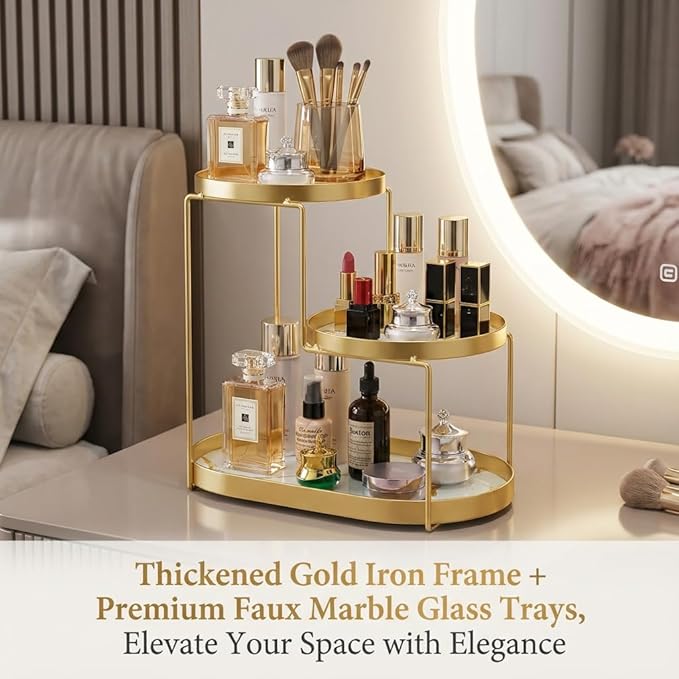 MLVOC Makeup Organizer Countertop, 3 Tiers Skincare Organizer with Gold Finish, Durable Metal Storage for Bathroom or Bedroom Vanity, Tall Spacious Design for Large Bottles
