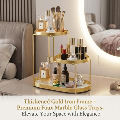MLVOC Makeup Organizer Countertop, 3 Tiers Skincare Organizer with Gold Finish, Durable Metal Storage for Bathroom or Bedroom Vanity, Tall Spacious Design for Large Bottles