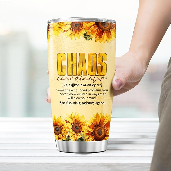 Chaos Coordinator Gift 20oz, Sunflower Design Insulated Stainless Steel Travel Cup for Women, Funny Appreciation Tumbler for Coworkers, Teachers, Boss, Birthday Present