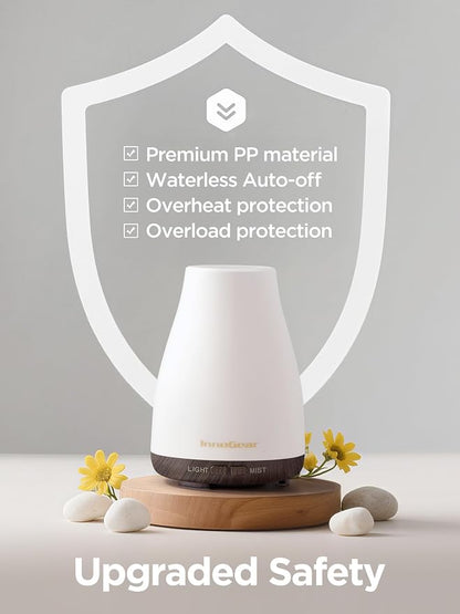 InnoGear Essential Oil Diffuser, Ultrasonic Diffusers for Home Aromatherapy Humidifier for Bedroom Room 7 Colors LED 2 Mist Mode Auto Off, Brown Base