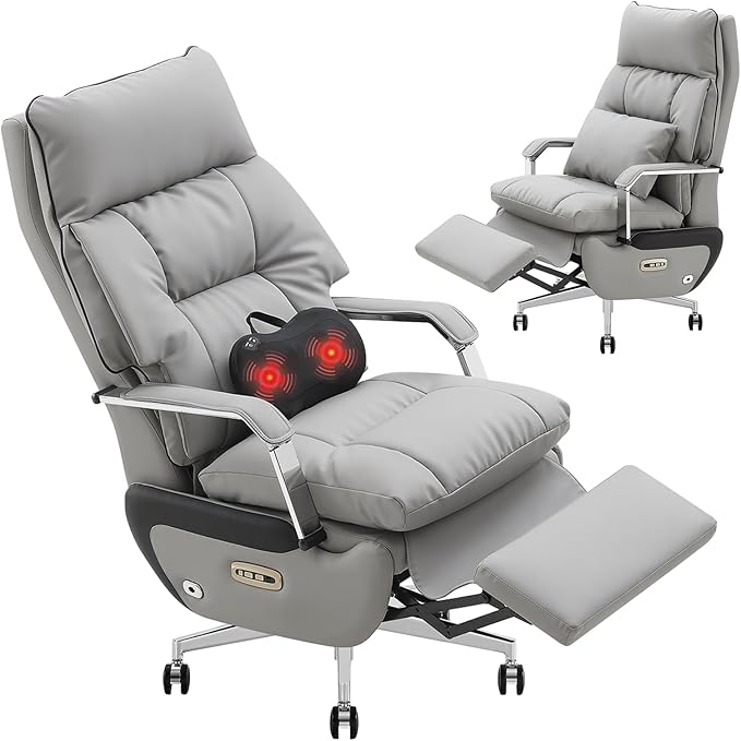 Dual Motor Executive Home Reclining Office Chair with Footrest - One-Click Electric Recline with Massage & Pillow Support Big and Tall PU Leather Ergonomic Desk Chair, High Back Wide Seat (Gray)