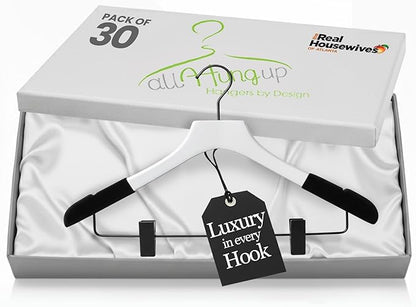 Wooden Hangers with Clips for Women, Solid Wood Skirt & Suit Hangers, Heavy-Duty Adjustable Non-Slip Design with Velvet Grip, White with Black Velvet, 30 pcs