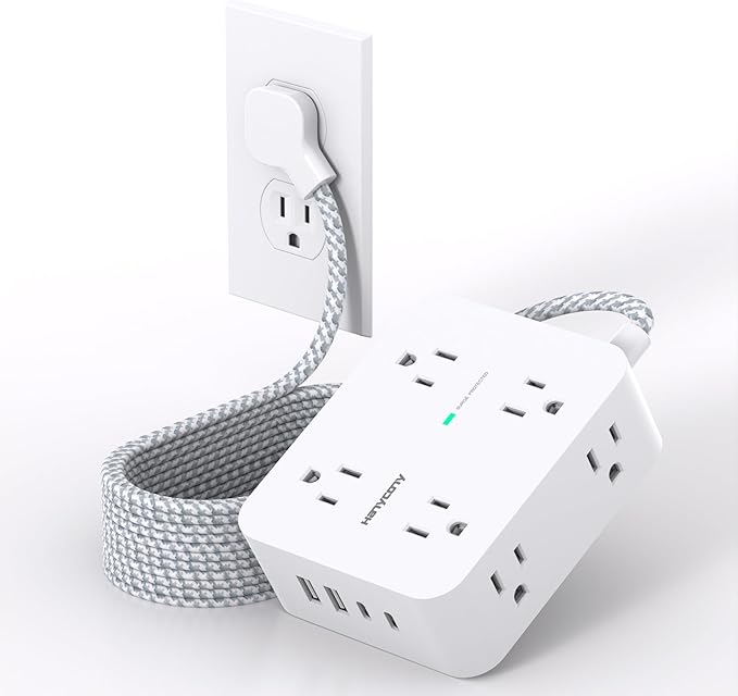 Extension Cord 25 Ft, HANYCONY 1080J Surge Protector Power Strip Long Cord with 8 AC Outlets and 4 USB Ports (2 USB-C), Wall Mount, Desk Charging Station for Home Office College Dorm Room Essentials
