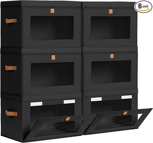 Homsorout Collapsible Storage Bins - Large Stackable Organizer Bins, Decorative Boxes with Handles & Window, Fabric Containers for Living Room, Closet, Dorm, 6 Pack, Black
