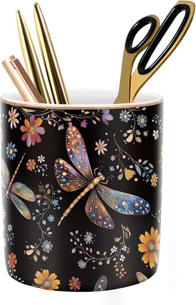 WAVEYU Pen Holder, Pencil Cup for Desk, Cute Makeup Brush Holder, Durable Ceramic Organizer Decor for Room, Office, Classroom, Cute Dragonfly Pattern