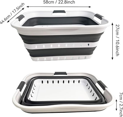 SAMMART 42L (11 gallons) Set of 2 Plastic Foldable Storage Basket/Container - Collapsible, Space Saving and Portable Laundry Hamper, Ideal for Home, Travel, Dorm, and Camping (2, White/Steel Grey)