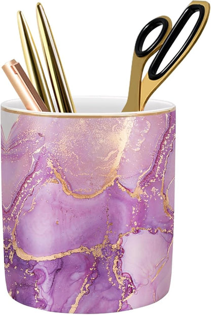 WAVEYU Pen Holder for Desk, Cute Ceramic Pencil Holder, Pen Cup Marker Holder Makeup Brush Holders, Desk Accessories & Workspace Organizers for Home, Office, Purple Marble