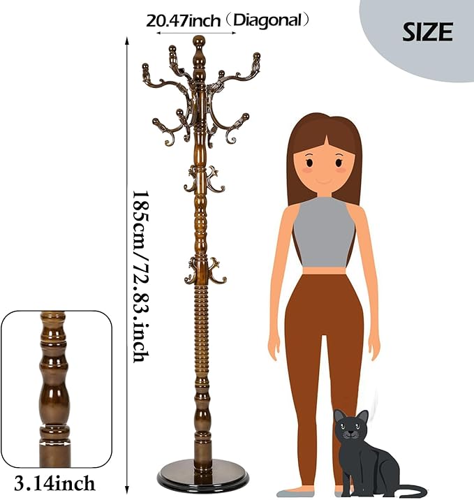 Coat Racks Free Standing with 14 Hooks, Natural Wood Coat Stands for Entryway, Adjustable Height 73 in Tree Coat Rack Stand for Hallway Home Office Bedroom (Antique)