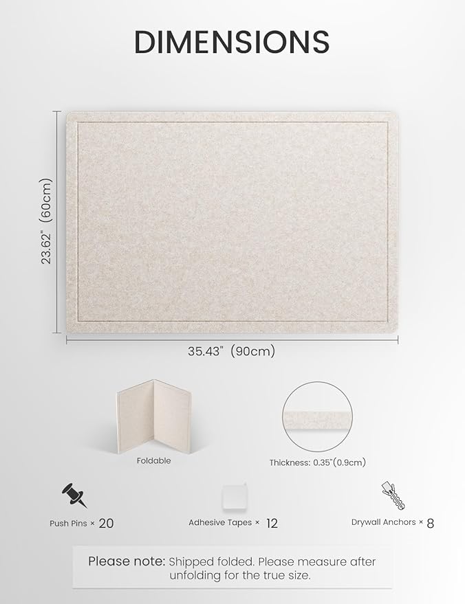 Fluxynara Bulletin Board,35.4" x 23.6" Cork Board Alternative with 12 Safe Removable Adhesive Tabs, Foldable Felt Pin Board for Home Office, Classroom, Bedroom,Entryway for Walls— Oatmeal