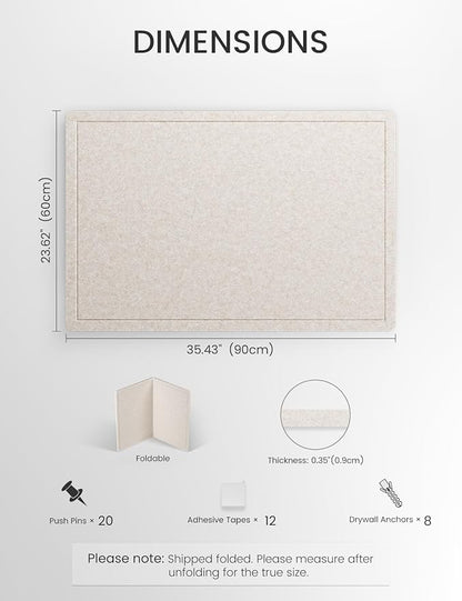 Fluxynara Bulletin Board,35.4" x 23.6" Cork Board Alternative with 12 Safe Removable Adhesive Tabs, Foldable Felt Pin Board for Home Office, Classroom, Bedroom,Entryway for Walls— Oatmeal
