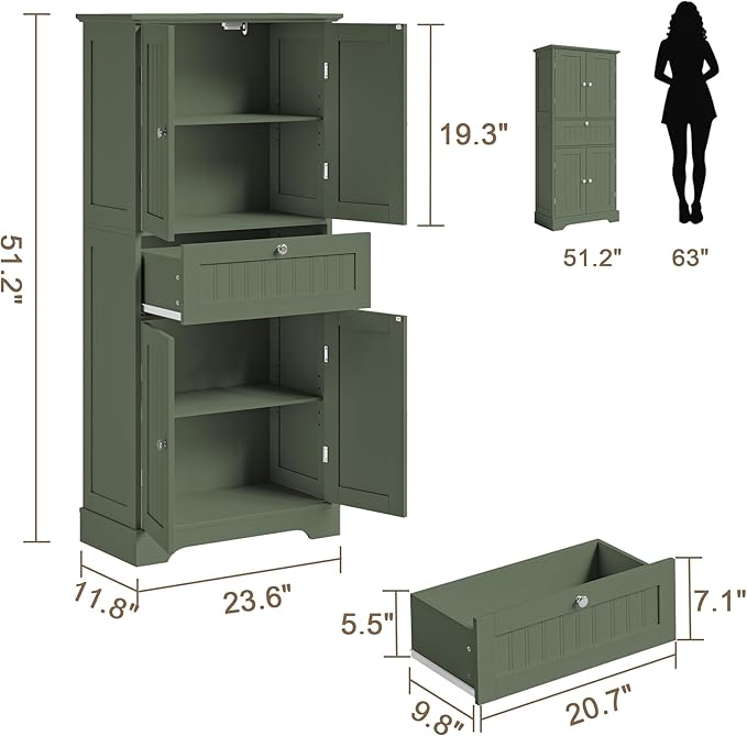 ChooChoo 51" H Tall Bathroom Floor Cabinet, Modern Bathroom Storage Cabinet with Drawer and Adjustable Shelves, Freestanding Kitchen Pantry Cupboard with 4 Doors for Living Room, Green