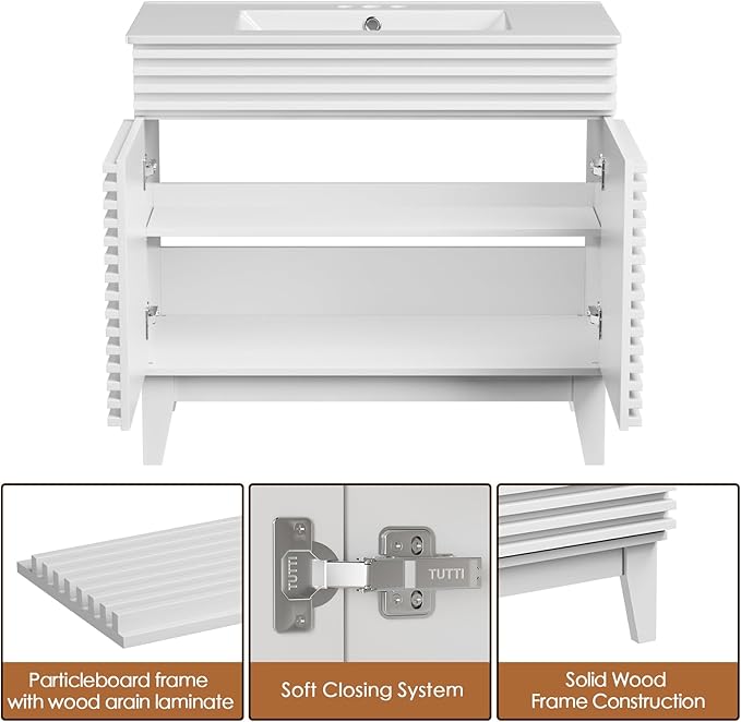 ROOMTEC 36" Bathroom Vanity with Sink, Mid-Century Freestanding Bathroom Vanity Sink with Storage, Undermount Ceramic Sink, Particleboard Frame with Wood Grain Laminate, White