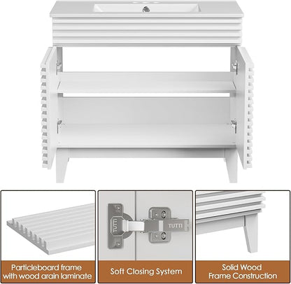 ROOMTEC 36" Bathroom Vanity with Sink, Mid-Century Freestanding Bathroom Vanity Sink with Storage, Undermount Ceramic Sink, Particleboard Frame with Wood Grain Laminate, White