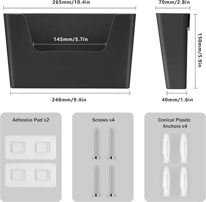 JOMOLA No Drilling File Holder 2 Pack Mail Organizer Wall Mount File Organizer Holder Office Wall Hanging Files Magazines Organizer Plastic Door Mount Wall Pocket with Adhesive Pad, Black Color