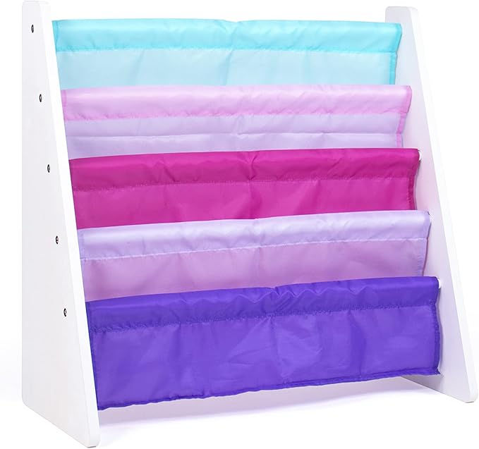 Humble Crew 4-Tier Kids Bookshelf, White/Pink/Purple/Blue - Premium Book Shelf for Kids Rooms with Four Deep Pockets - Toddler Sling Book Rack with Deep Sleeves, Nursery Bookcase Organizer