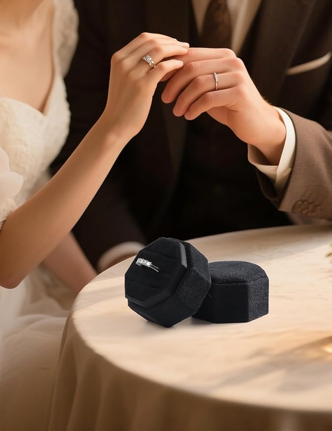 Velvet Ring Box, 3 Slots Wedding Ring Box, Vintage Octagon Premium Jewelry Display Holder Gift Box with Detachable Lid for Engagement Wedding Box Keepsake Box Bridal Photo