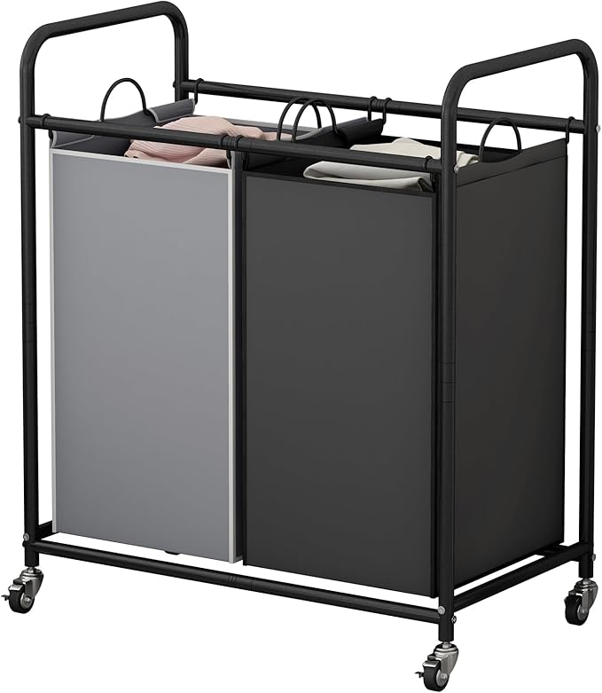 SUOERNUO Laundry Sorter Basket 2 Bag Laundry Hamper Cart with Rolling Lockable Wheels and Removable Bags Laundry Organizer Cart for Clothes Storage