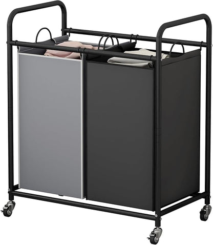 SUOERNUO Laundry Sorter Basket 2 Bag Laundry Hamper Cart with Rolling Lockable Wheels and Removable Bags Laundry Organizer Cart for Clothes Storage