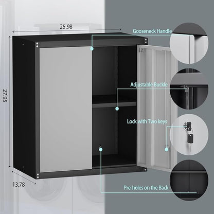 Garage Storage Cabinet,Garage Cabinets with 2 Doors.Locking Wall Cabinet with Adjustable Shelf,Wall Cabinets for Basement,Shop,School,Grey-Black