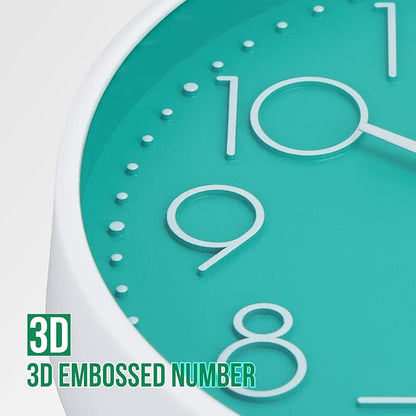 Wall Clock Non-Ticking Silent Modern Simple Style Round Decor Clock Stereoscopic Dial Quartz Wall Clocks for Home/Office/School/Living Room/Bedroom/Kitchen (Turquoise, 12inch)