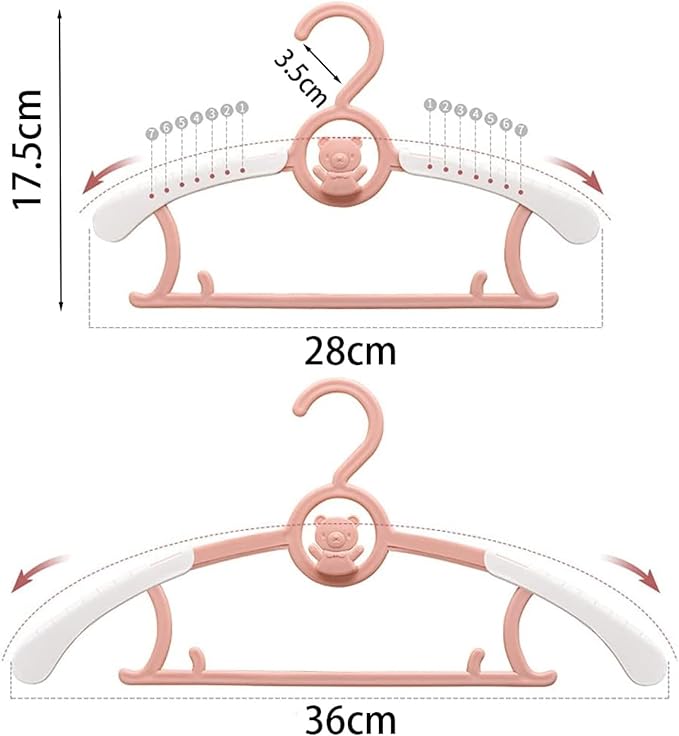 HGYZE Kid Hangers for Closet 50pcs, Pink Infant Clothes Hanger 11-14" Adjustable Plastic Baby Coat Perchas with Bear Hook, Non-Slip Children Outfit Hangars for Boy Toddler Newborn Teen Clothing