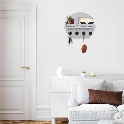 Key Holder for Wall, Key and Mail Holder Organizer - Key Holder Wall Mount with Bouquet Shelf and Key Hooks, Round Wooden Rustic Key Rack for Entryway and Home Decor (Gray)