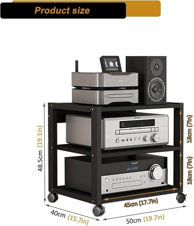 3 Tier AV Media Stand, Audio Rack Tower Stereo Components Cabinet, Home Theatre CD Record Player Stereo Receiver Equipment Rack with Adjustable Wood Shelves, Load 220lbs (Black)