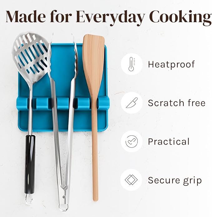 Cooler Kitchen Light Blue Silicone Spoon Rest for Stove Top with Drip Pad (Two Pack) - Heat Resistant BPA Free Utensil Rest & Spoon Holder for Kitchen Counter - Grill Utensil Holder - Spatula Holder