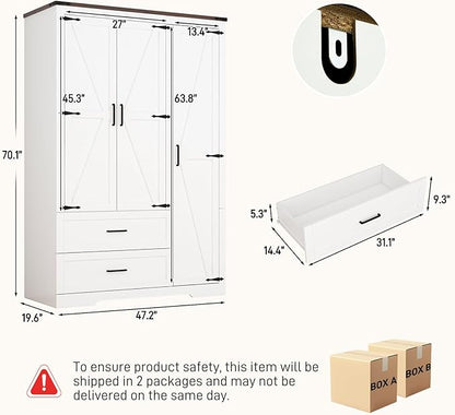 3 Doors Wardrobe Armoire Closet with Doors and Drawers, Farmhouse Wooden Armoire Storage Cabinet with Shelves & Hanging Rod for Bedroom, White