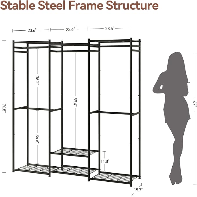 Portable Wardrobe Closet, Triple Column, Clothes Rack for Bedroom with Hanging Areas and Storage Shelves, Tall Freestanding Clothes Organizer