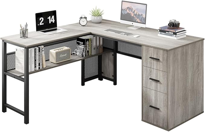 LVB Reversible Gray L Shaped Corner Desk, Farmhouse Wood Computer Desk with File Drawers Cabinets, Large Work Study Executive Home Office Desk with Storage Shelves for Bedroom, Light Grey Oak, 59 Inch