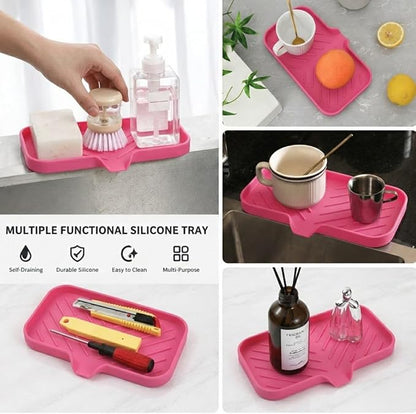 MicoYang Silicone Soap Dish with Drain Spout — Self-Draining Sink Organizer Tray for Bathroom & Kitchen, Sponges, Dispensers & Soap Holder, Non-Slip & Dishwasher Safe, Rose (Medium, 9.6"×5.3")