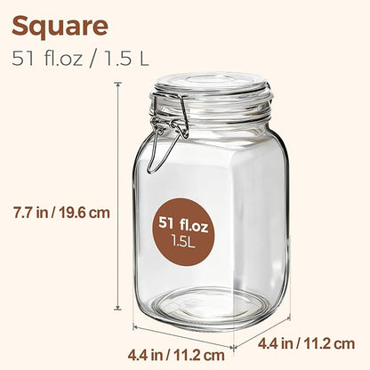 ComSaf Set of 3 Square Glass Jars with Airtight Lids (51 Oz) — Wire Clamp Canisters for Small-Batch Pickling, Kimchi, Bulk Dry Food, Wide Mouth Space Saving Kitchen Pantry Organization Jars