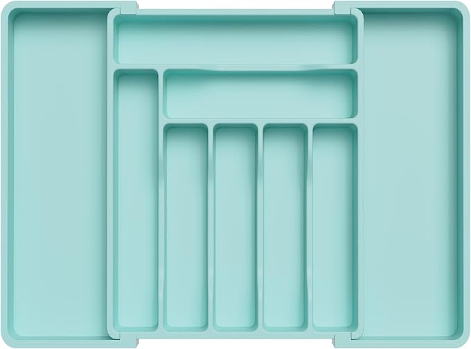Lifewit Utensil Organizer for Kitchen Drawer, Expandable Cooking Silverware Tray, Adjustable Cutlery Flatware Holder, Plastic Spatula Tools Storage Divider, 13-22.4 x 15", Turquoise