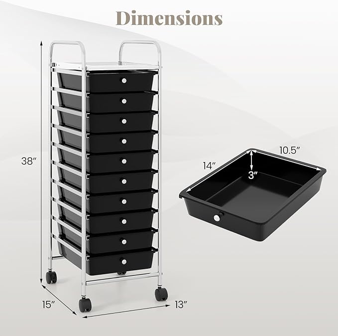 RELAX4LIFE 10-Drawer Rolling Storage Cart, Utility Cart with Metal Frame, Lockable Wheels & Removable Drawers, Multipurpose Art Craft Organizer for Home Office Classroom (Black)