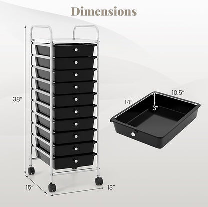 RELAX4LIFE 10-Drawer Rolling Storage Cart, Utility Cart with Metal Frame, Lockable Wheels & Removable Drawers, Multipurpose Art Craft Organizer for Home Office Classroom (Black)