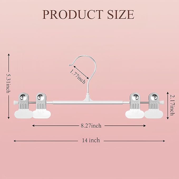 14Inch Clothes Pants Hangers with WideClips 10 Pack,Non-Slip Adjustable Skirt Hanger for Women,Space-Saving Heavy Duty Men Hangers for Pants,Trousers,Jeans,Shorts,White